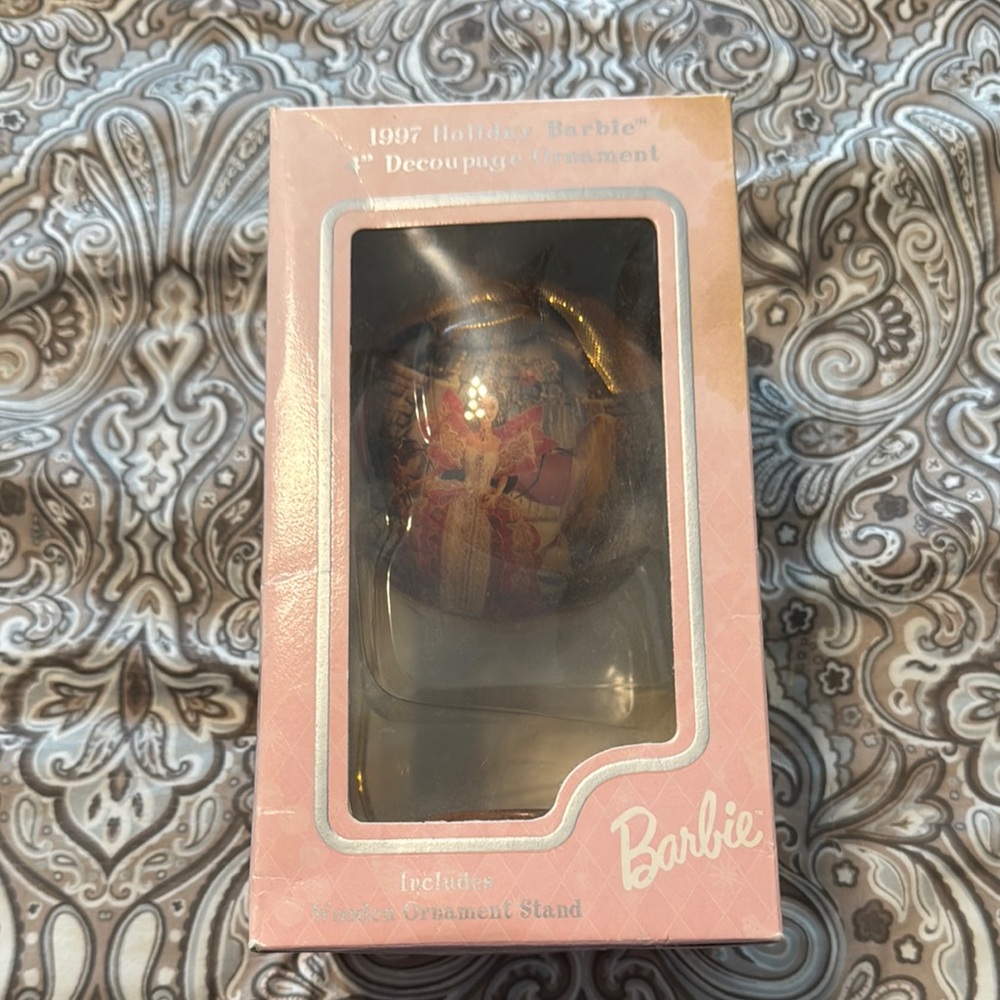 Barbie 1997 4” Decoupage Holiday Ornament With Wooden Stand